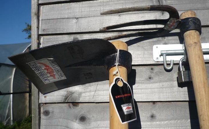 Chillington tools hanging on a tool rack