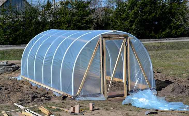 A polytunnel being constructed